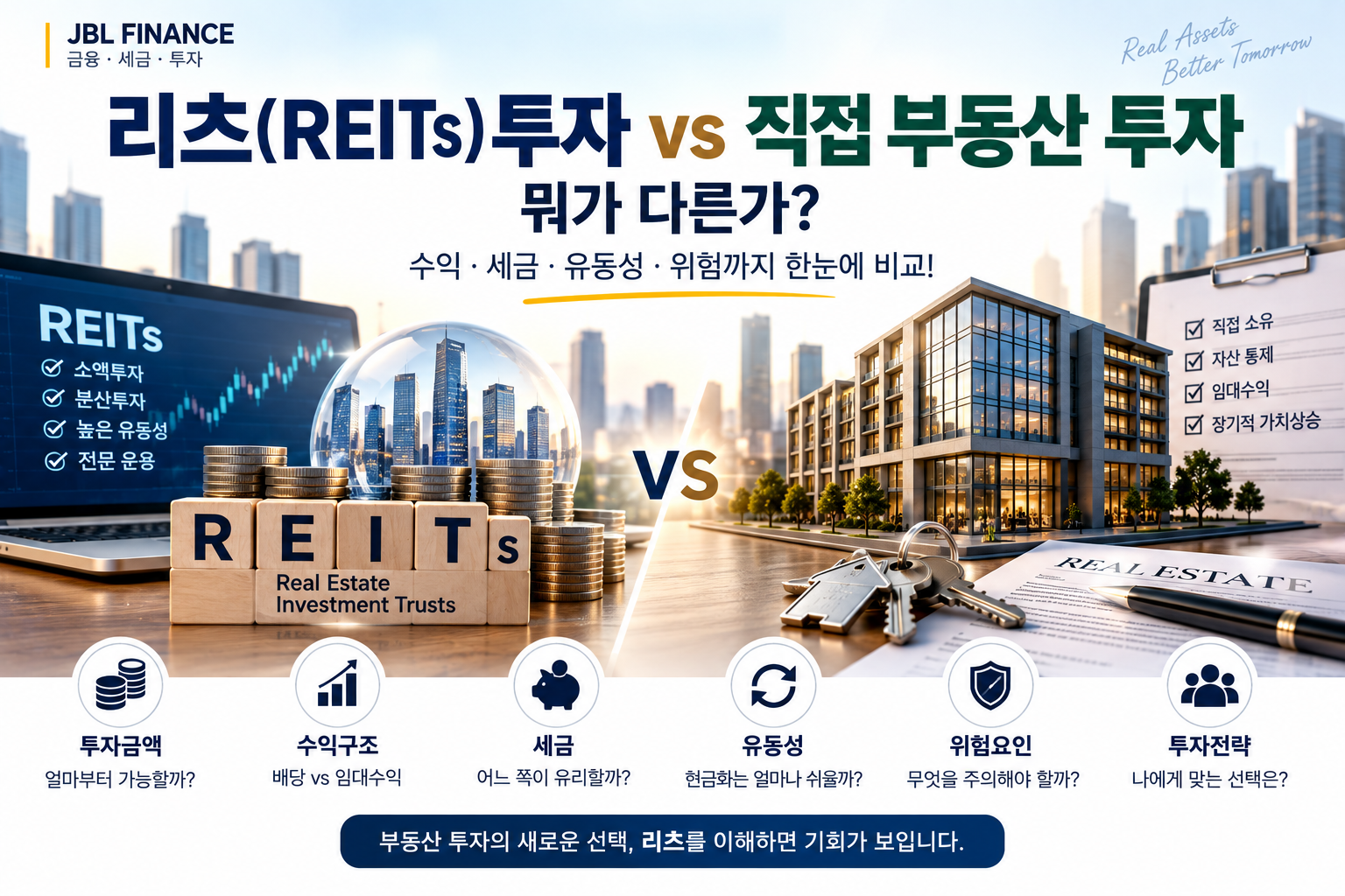 리츠(REITs) 투자 vs 직접 부동산 투자｜수익·세금·유동성·위험 비교